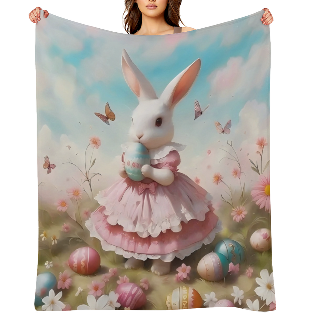 Cute Bunny Blanket Colorful Frangipani Print Plush Blanket, Easter Theme Blanket, Suitable for Bed Sofa, Children Girl Room Decoration, Soft and Breathable Blanket