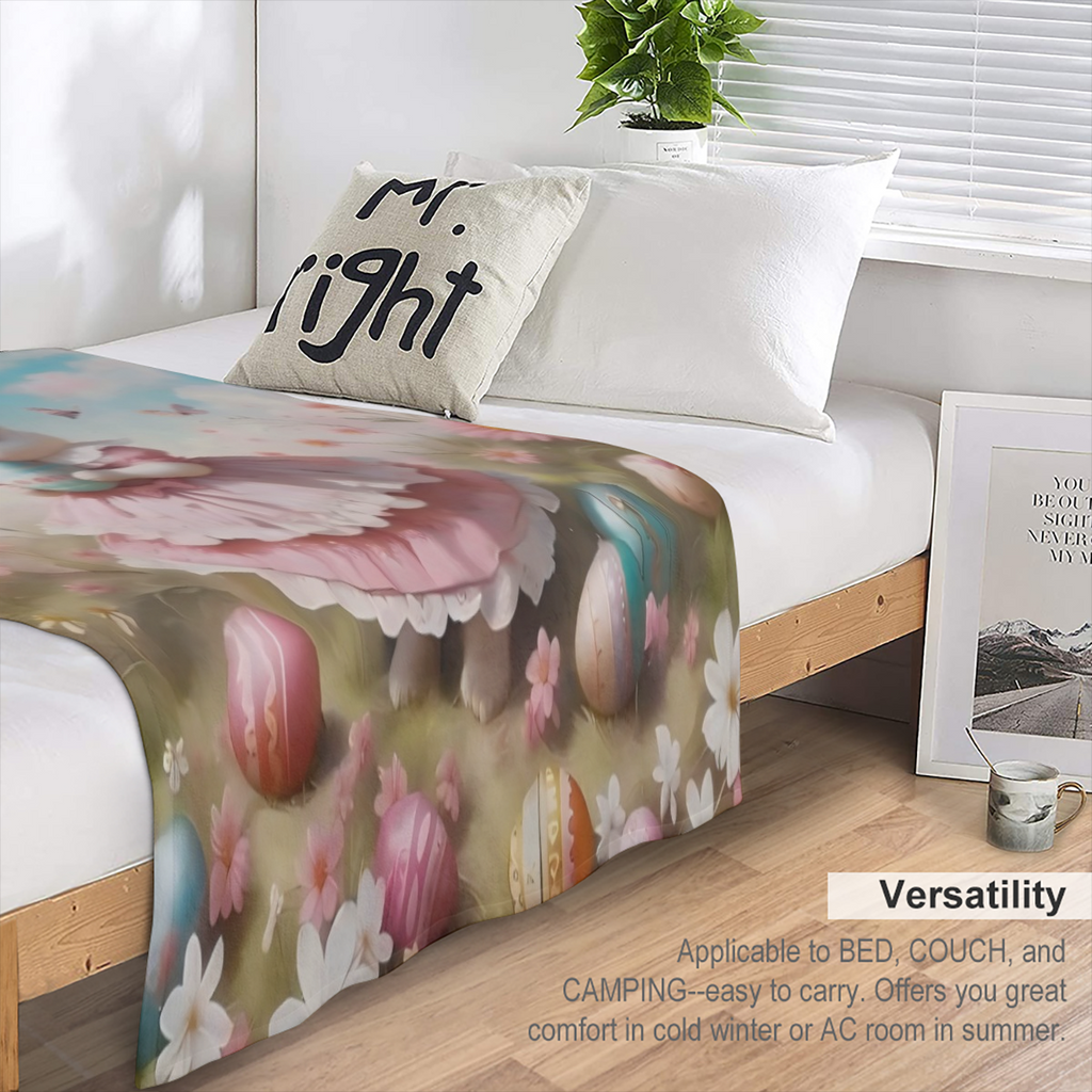 Cute Bunny Blanket Colorful Frangipani Print Plush Blanket, Easter Theme Blanket, Suitable for Bed Sofa, Children Girl Room Decoration, Soft and Breathable Blanket
