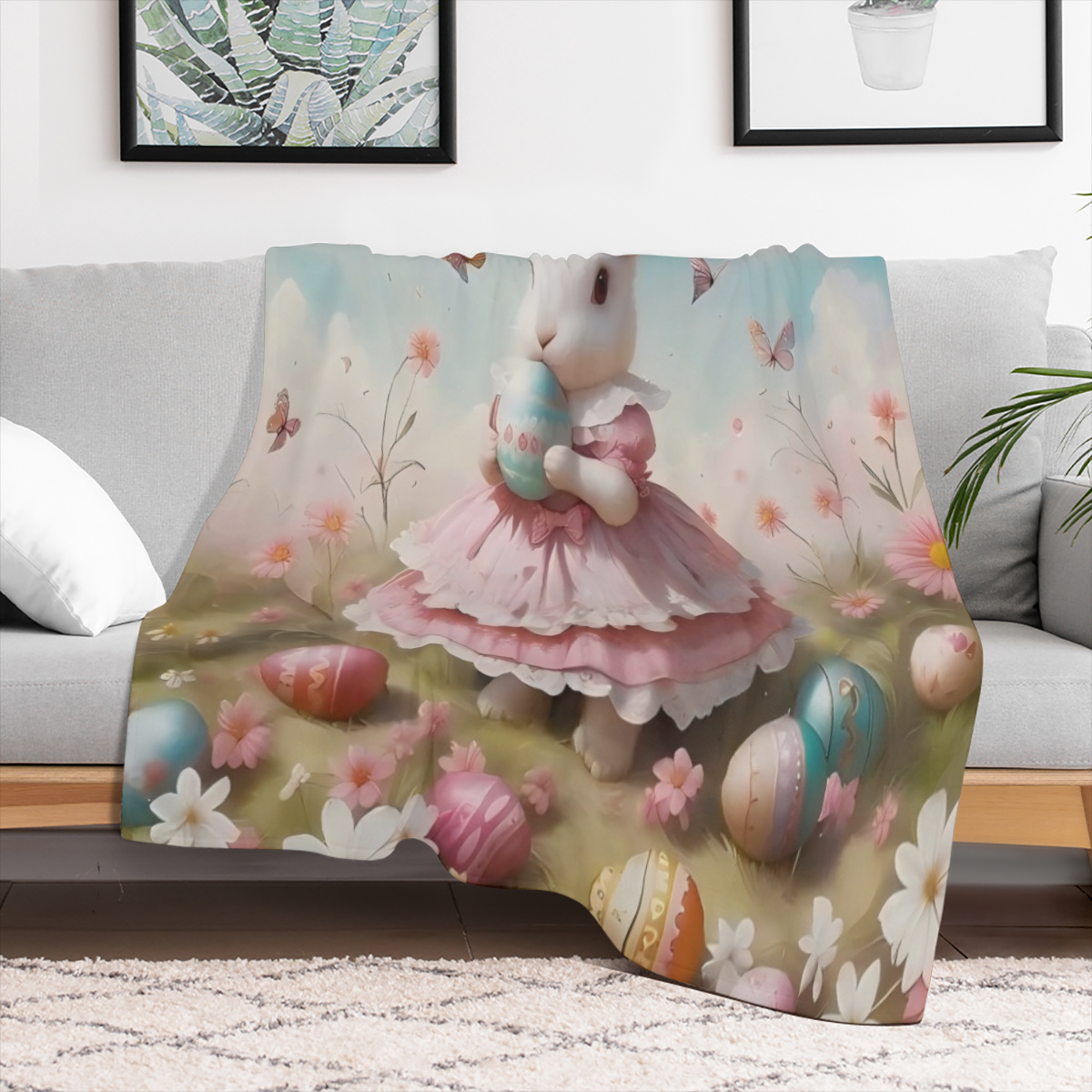 Cute Bunny Blanket Colorful Frangipani Print Plush Blanket, Easter Theme Blanket, Suitable for Bed Sofa, Children Girl Room Decoration, Soft and Breathable Blanket