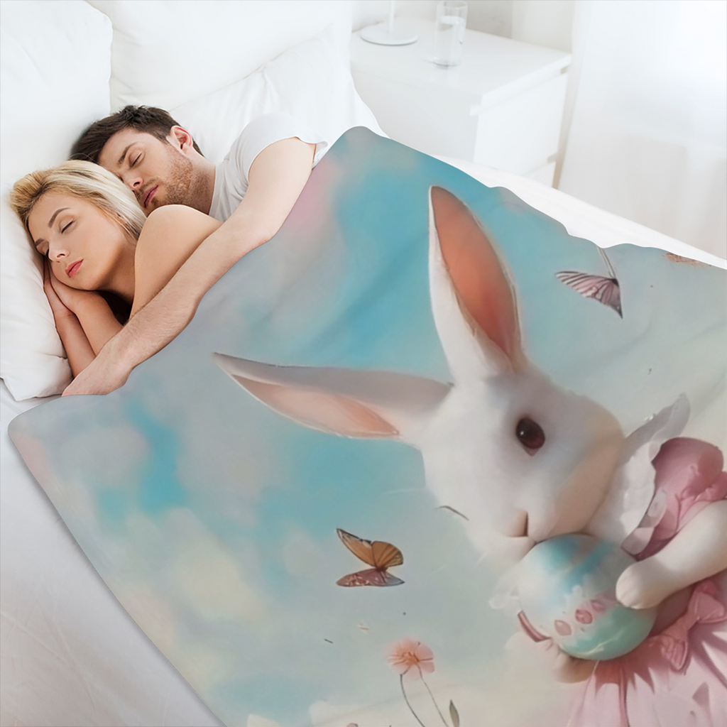 Cute Bunny Blanket Colorful Frangipani Print Plush Blanket, Easter Theme Blanket, Suitable for Bed Sofa, Children Girl Room Decoration, Soft and Breathable Blanket