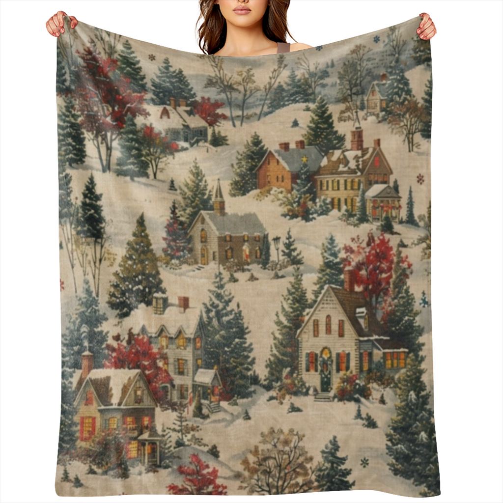 A vintage flannel blanket with pine and house prints, comfortable and soft all season, suitable for sofas, beds, offices and travel, warm Christmas gift blanket, 100 polyester, woven in digital print,