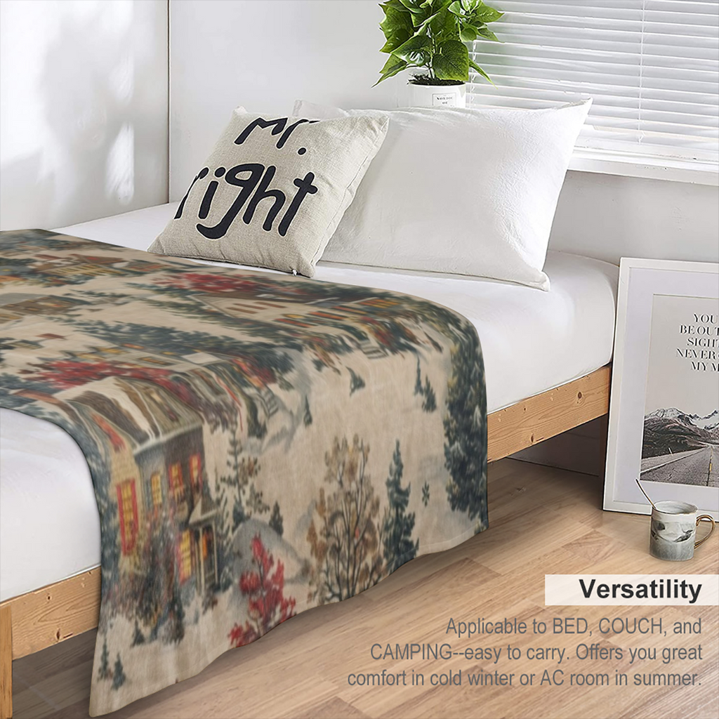A vintage flannel blanket with pine and house prints, comfortable and soft all season, suitable for sofas, beds, offices and travel, warm Christmas gift blanket, 100 polyester, woven in digital print,