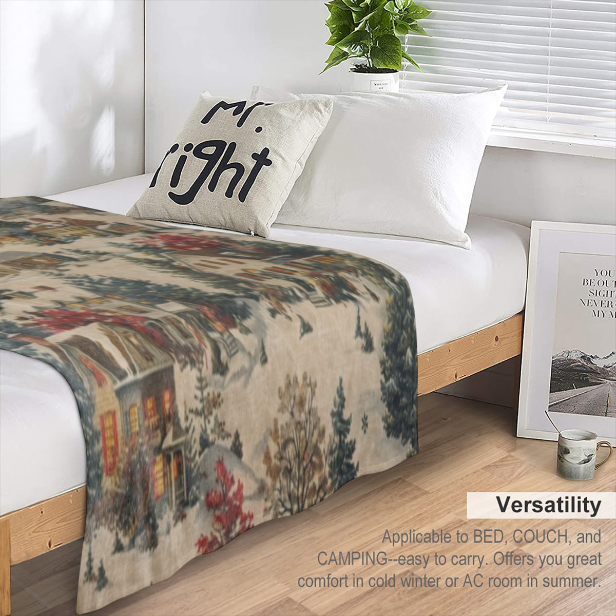 A vintage flannel blanket with pine and house prints, comfortable and soft all season, suitable for sofas, beds, offices and travel, warm Christmas gift blanket, 100 polyester, woven in digital print,
