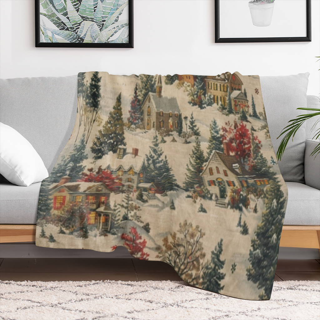 A vintage flannel blanket with pine and house prints, comfortable and soft all season, suitable for sofas, beds, offices and travel, warm Christmas gift blanket, 100 polyester, woven in digital print,