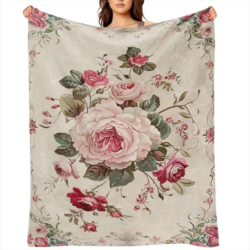 1 pink floral print flannel blanket Novelty Flannel blanket Soft and comfortable nap Office School and family picnic trip gift Flannel blanket