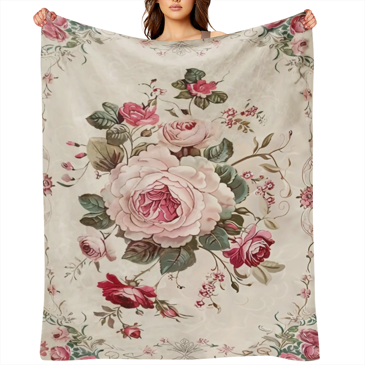 1 pink floral print flannel blanket Novelty Flannel blanket Soft and comfortable nap Office School and family picnic trip gift Flannel blanket