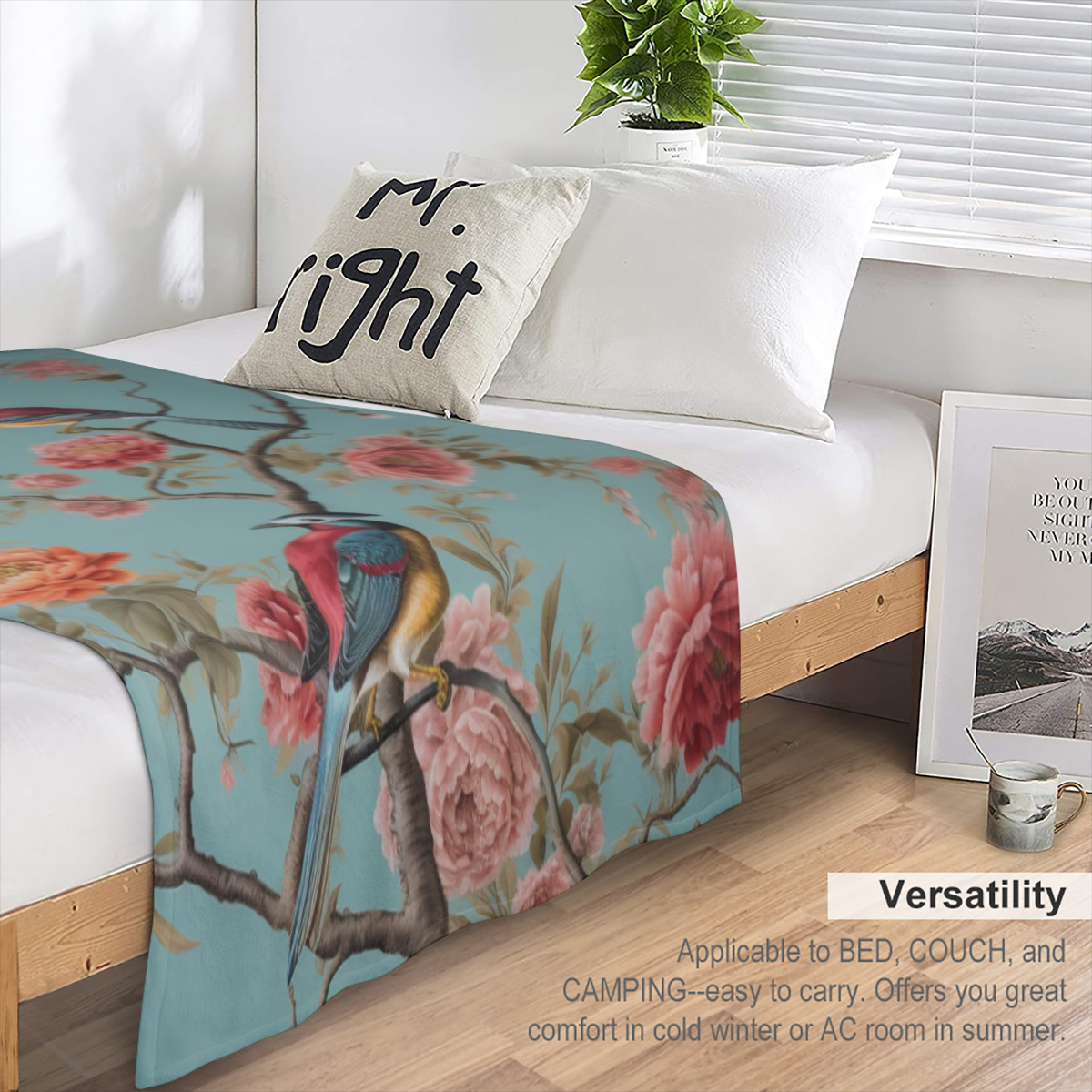 Cozy Rustic Bird & Floral Print Throw Blanket - Soft Fleece, 280GSM, Vibrant Nature Design for Couch, Sofa, Bed, or Office - Perfect All- Season Gift for Youngsters & Adults, Gift for Nature Lovers Vi
