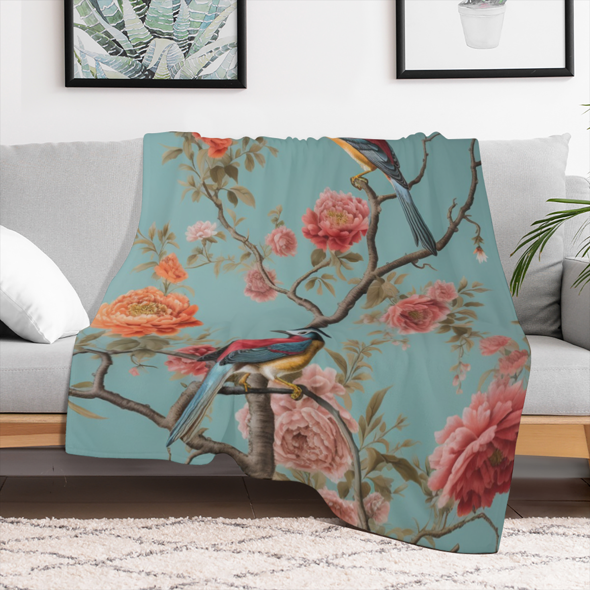 Cozy Rustic Bird & Floral Print Throw Blanket - Soft Fleece, 280GSM, Vibrant Nature Design for Couch, Sofa, Bed, or Office - Perfect All- Season Gift for Youngsters & Adults, Gift for Nature Lovers Vi