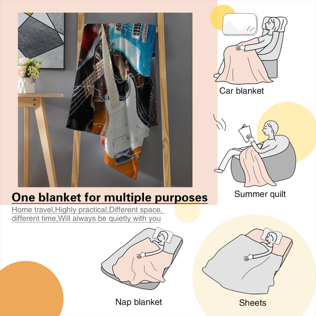 Ultra-Soft Guitar Flannel Throw Blanket Vibrant, Colorful Electric & Acoustic Guitars Design, Warm, Portable, All-Season Perfect Valentine's Gift for Music Lovers and Outdoor Enthusiasts