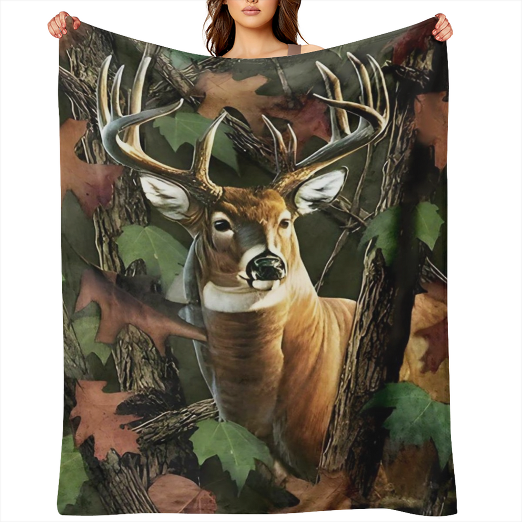 Country Forest Deer pattern flannel shawl blanket - reversible, soft and lightweight polyester with bright digital prints for all seasons - ideal for indoor and outdoor use