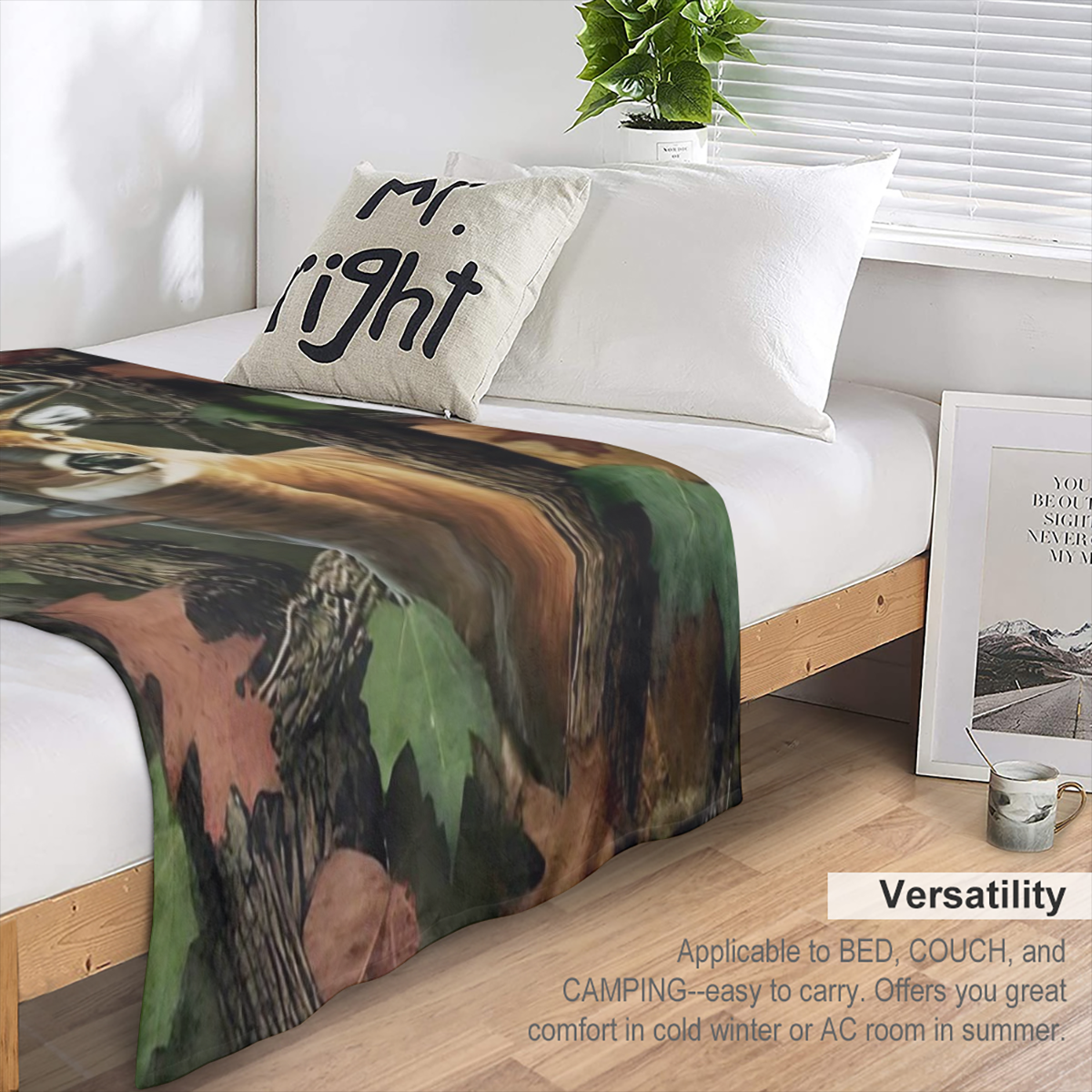 Country Forest Deer pattern flannel shawl blanket - reversible, soft and lightweight polyester with bright digital prints for all seasons - ideal for indoor and outdoor use