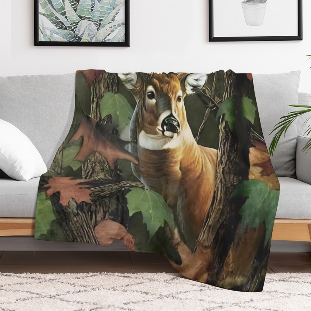 Country Forest Deer pattern flannel shawl blanket - reversible, soft and lightweight polyester with bright digital prints for all seasons - ideal for indoor and outdoor use