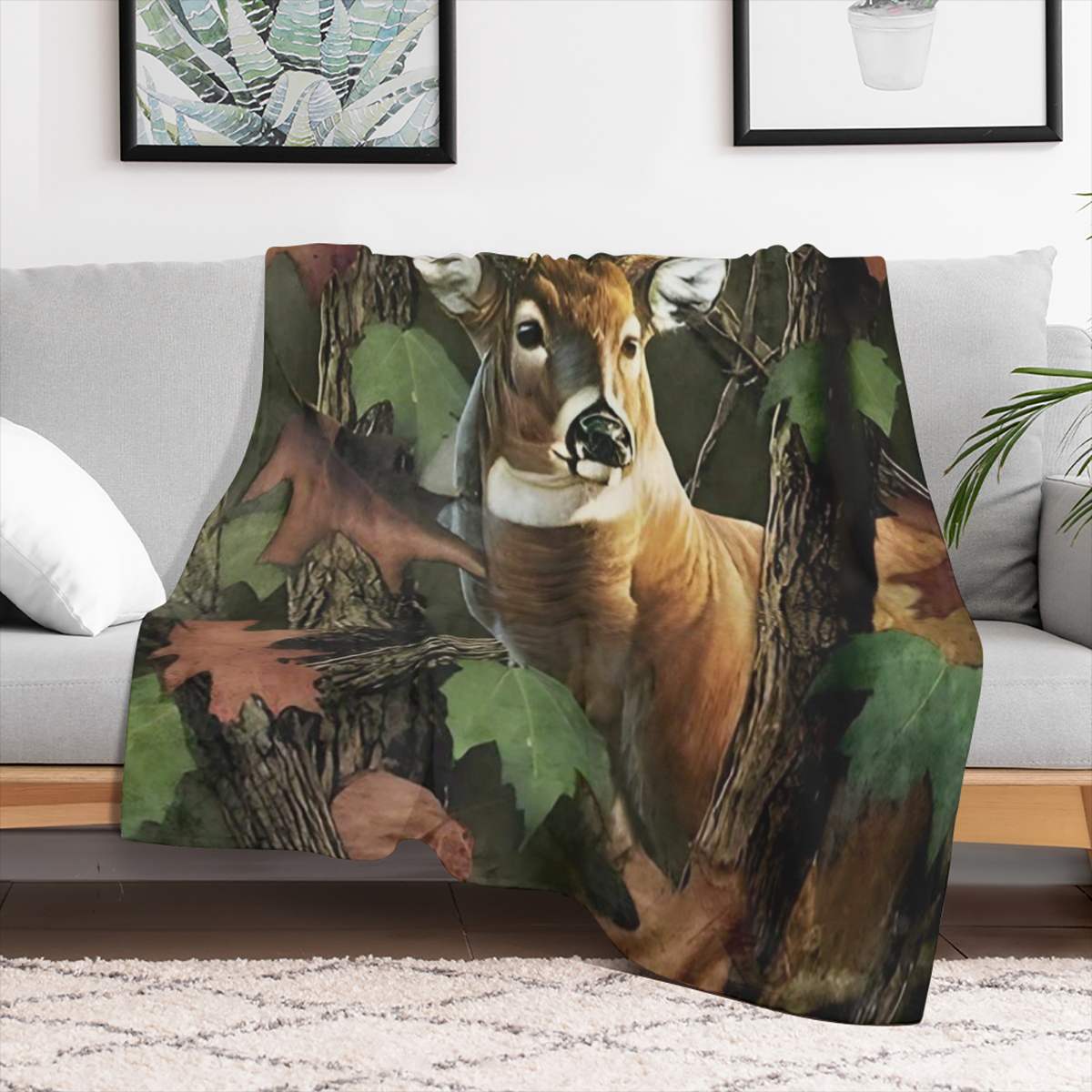 Country Forest Deer pattern flannel shawl blanket - reversible, soft and lightweight polyester with bright digital prints for all seasons - ideal for indoor and outdoor use