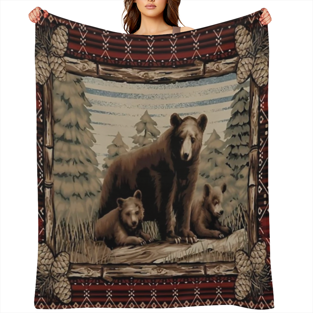 Cozy Flannel Bear Print Blanket Soft, Warm, and Tear- Resistant with Rustic Forest Design, Perfect for Sofa, Bed, Office, or Travel All- Season Gift Idea for Friends