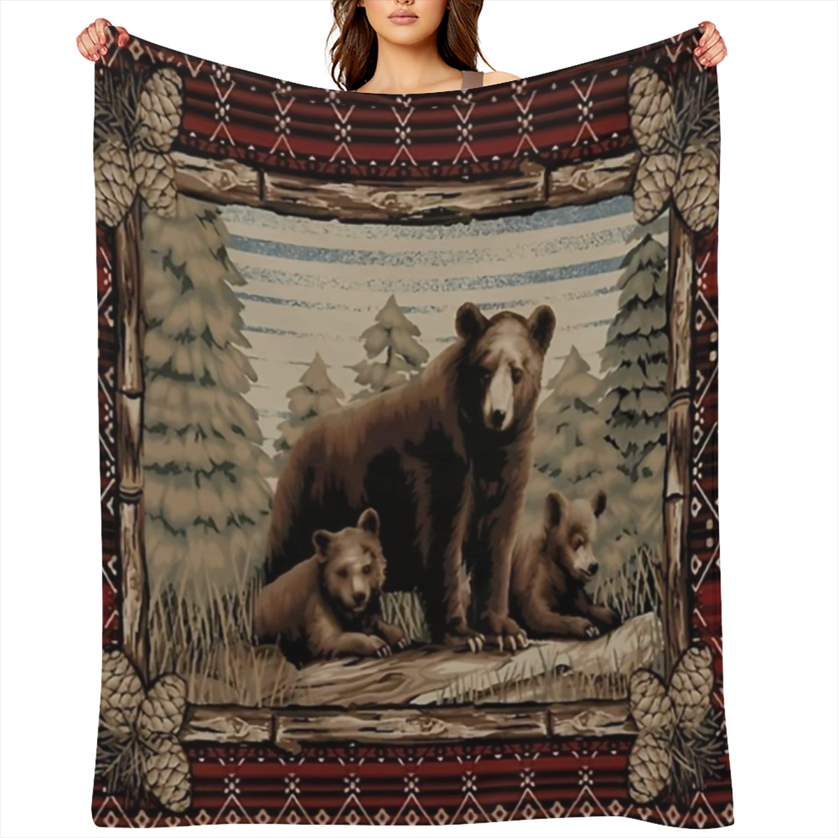 Cozy Flannel Bear Print Blanket Soft, Warm, and Tear- Resistant with Rustic Forest Design, Perfect for Sofa, Bed, Office, or Travel All- Season Gift Idea for Friends