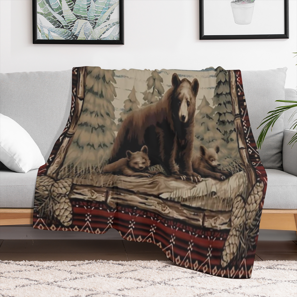 Cozy Flannel Bear Print Blanket Soft, Warm, and Tear- Resistant with Rustic Forest Design, Perfect for Sofa, Bed, Office, or Travel All- Season Gift Idea for Friends