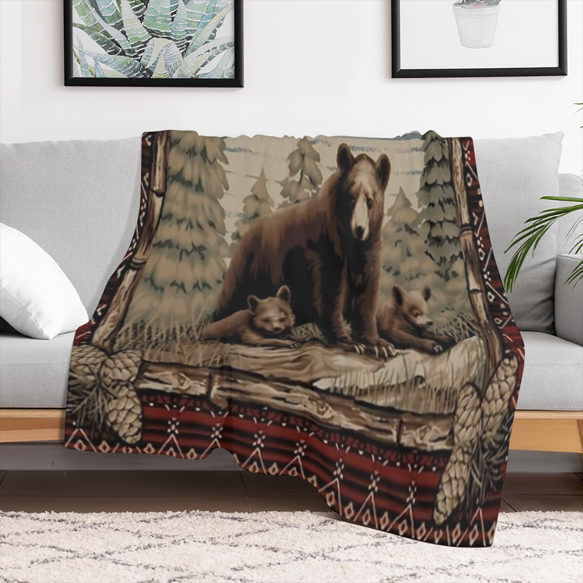 Cozy Flannel Bear Print Blanket Soft, Warm, and Tear- Resistant with Rustic Forest Design, Perfect for Sofa, Bed, Office, or Travel All- Season Gift Idea for Friends