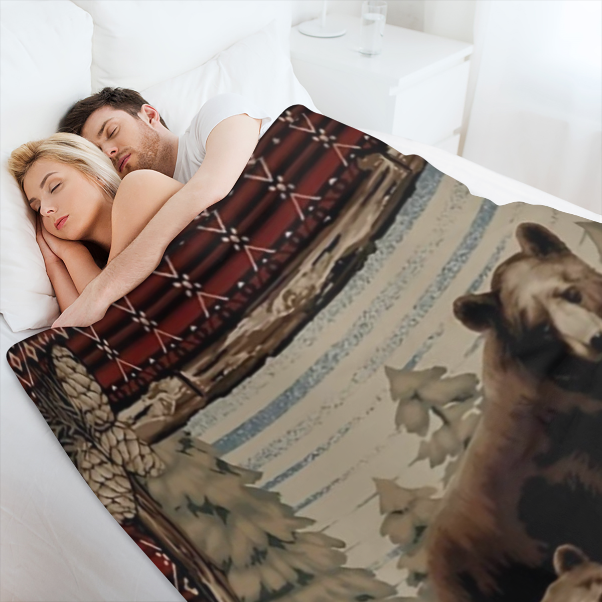 Cozy Flannel Bear Print Blanket Soft, Warm, and Tear- Resistant with Rustic Forest Design, Perfect for Sofa, Bed, Office, or Travel All- Season Gift Idea for Friends