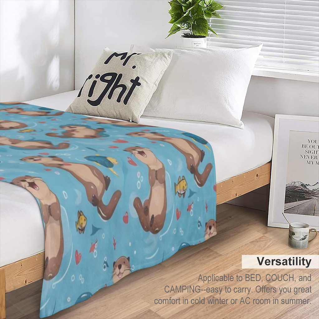 Cute Otter Flannel Blanket Playful Fish and Heart Sea Turtle Throw, Playful Gifts for Kids And Animal Lovers, Ultra Soft And Warm, Lightweight, for Couch Bedroom Living Room Decor