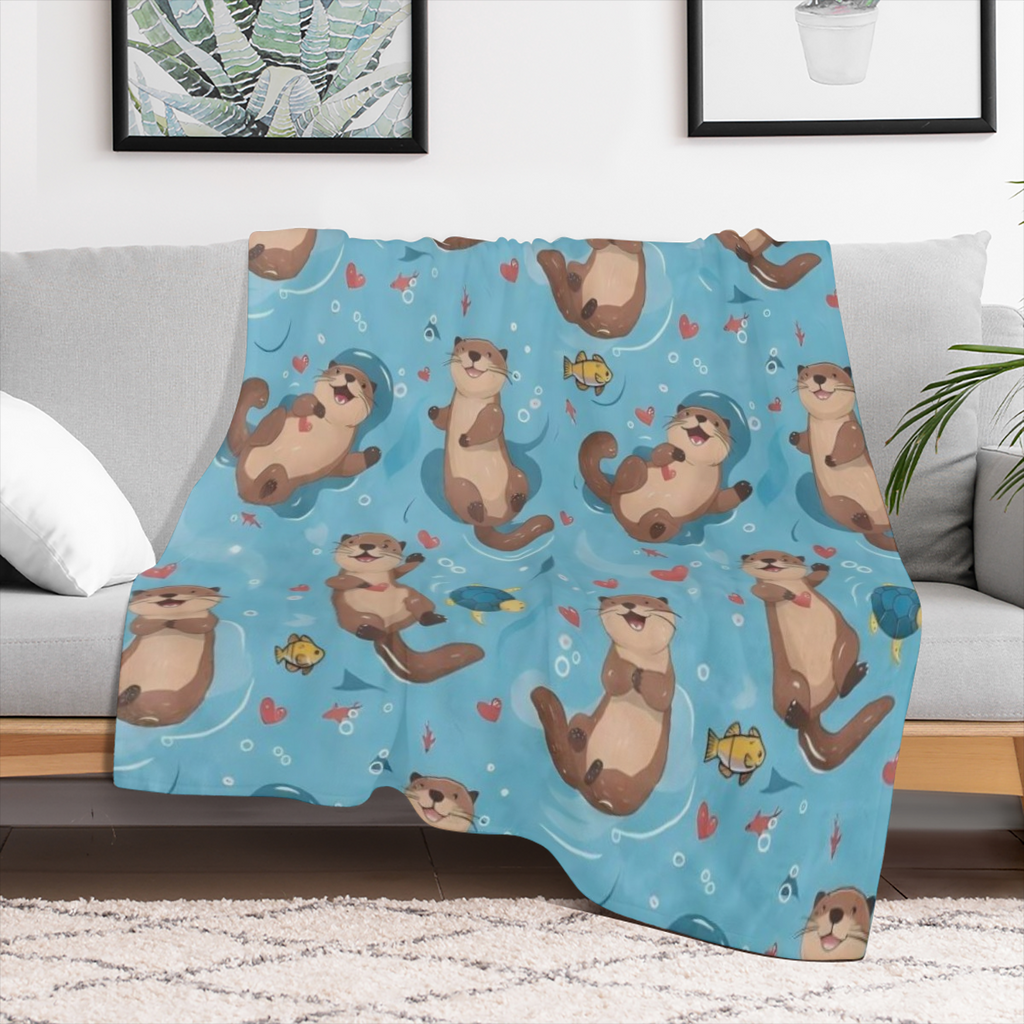 Cute Otter Flannel Blanket Playful Fish and Heart Sea Turtle Throw, Playful Gifts for Kids And Animal Lovers, Ultra Soft And Warm, Lightweight, for Couch Bedroom Living Room Decor