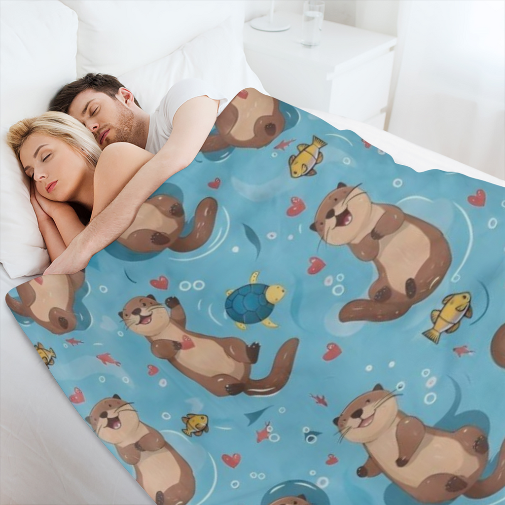 Cute Otter Flannel Blanket Playful Fish and Heart Sea Turtle Throw, Playful Gifts for Kids And Animal Lovers, Ultra Soft And Warm, Lightweight, for Couch Bedroom Living Room Decor