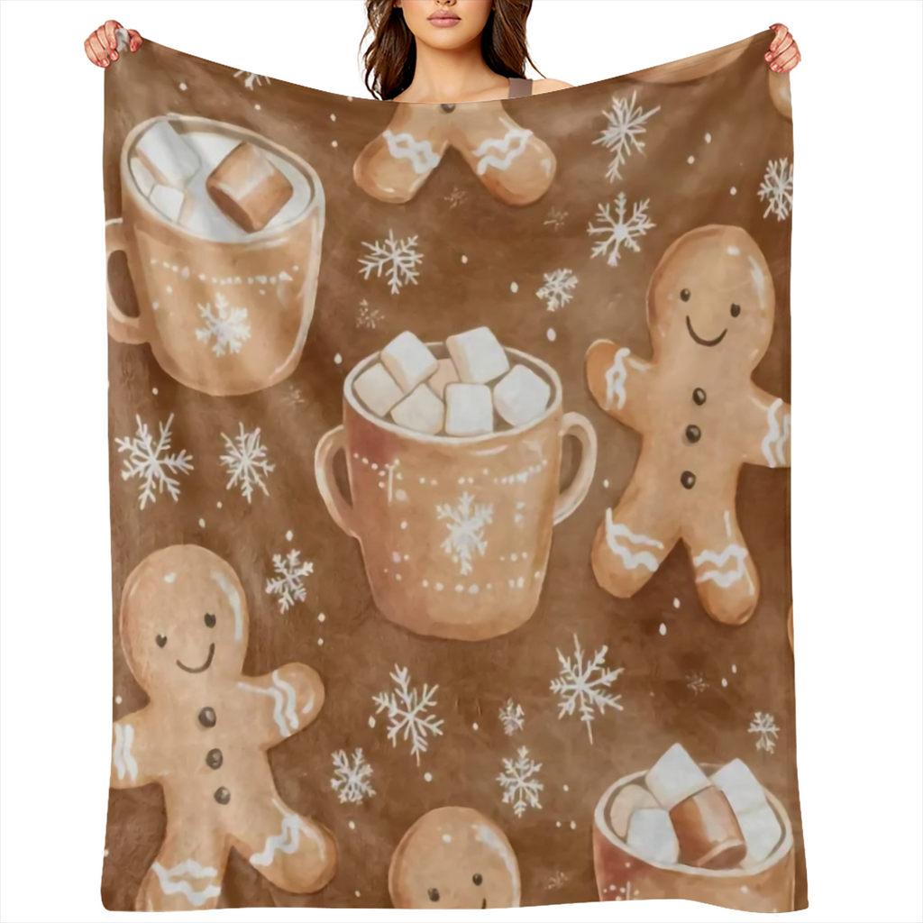 1pc, Vintage Winter Christmas Gingerbread Man Snowflake Print Fleece Blanket, Soft Warm Comfortable Throw for Sofa, Bed, Car, Office, Camping, Travel, All- Season Gift, Digital Print, Knitted, Polyest