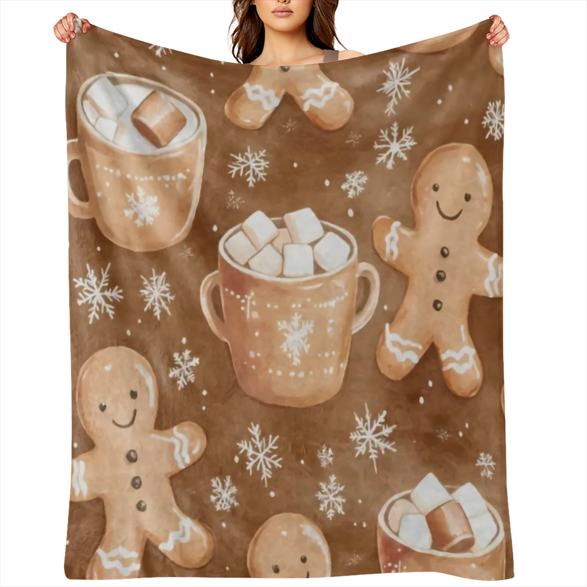 1pc, Vintage Winter Christmas Gingerbread Man Snowflake Print Fleece Blanket, Soft Warm Comfortable Throw for Sofa, Bed, Car, Office, Camping, Travel, All- Season Gift, Digital Print, Knitted, Polyest