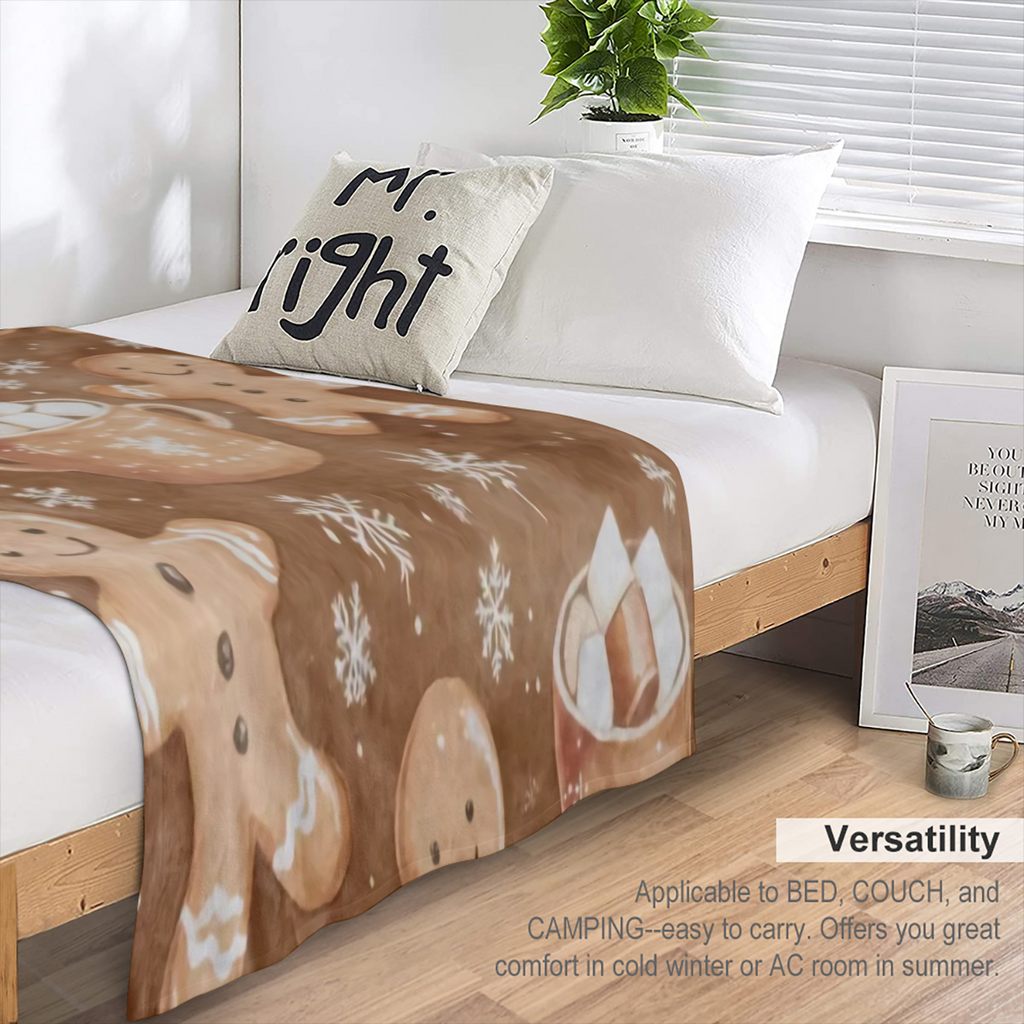 1pc, Vintage Winter Christmas Gingerbread Man Snowflake Print Fleece Blanket, Soft Warm Comfortable Throw for Sofa, Bed, Car, Office, Camping, Travel, All- Season Gift, Digital Print, Knitted, Polyest