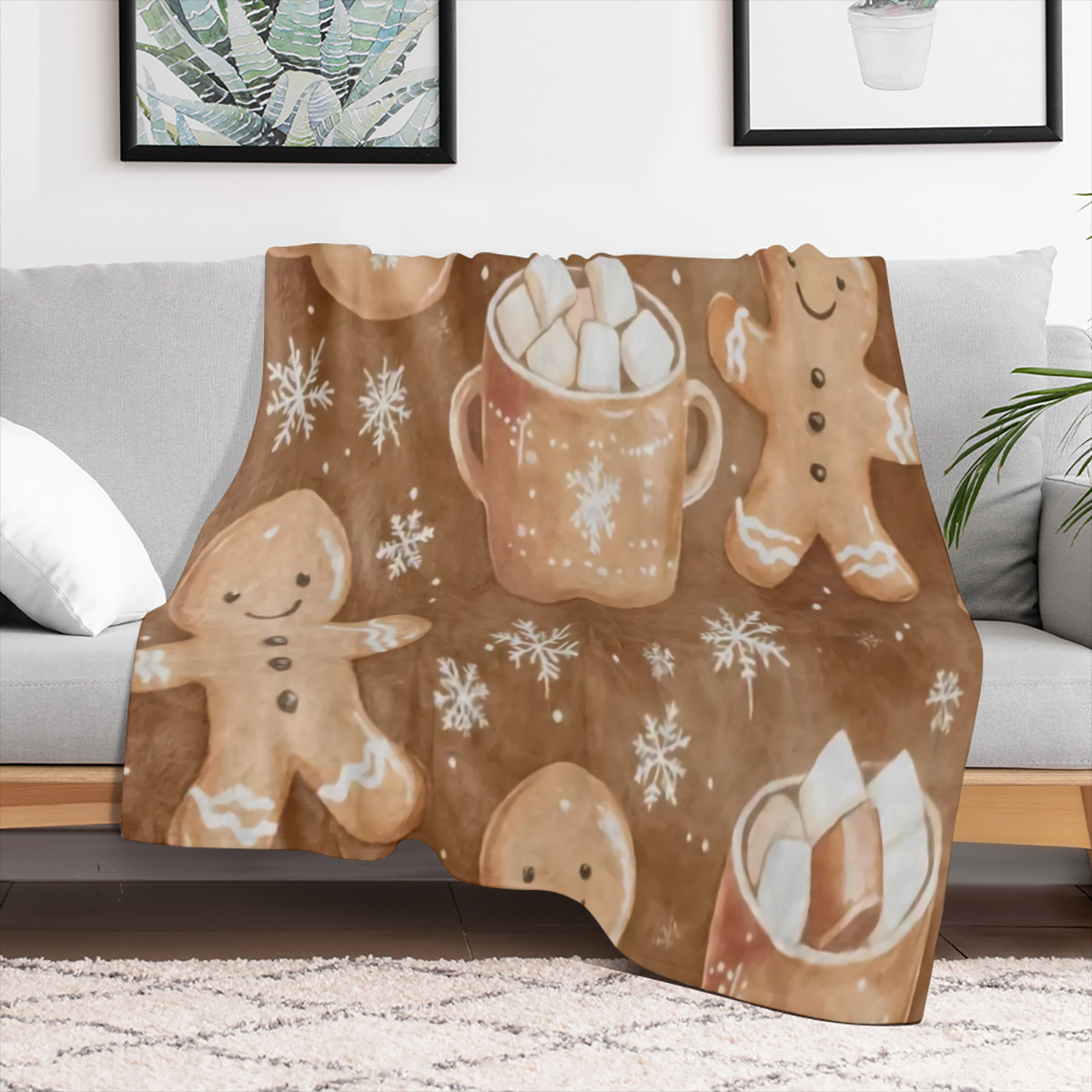 1pc, Vintage Winter Christmas Gingerbread Man Snowflake Print Fleece Blanket, Soft Warm Comfortable Throw for Sofa, Bed, Car, Office, Camping, Travel, All- Season Gift, Digital Print, Knitted, Polyest