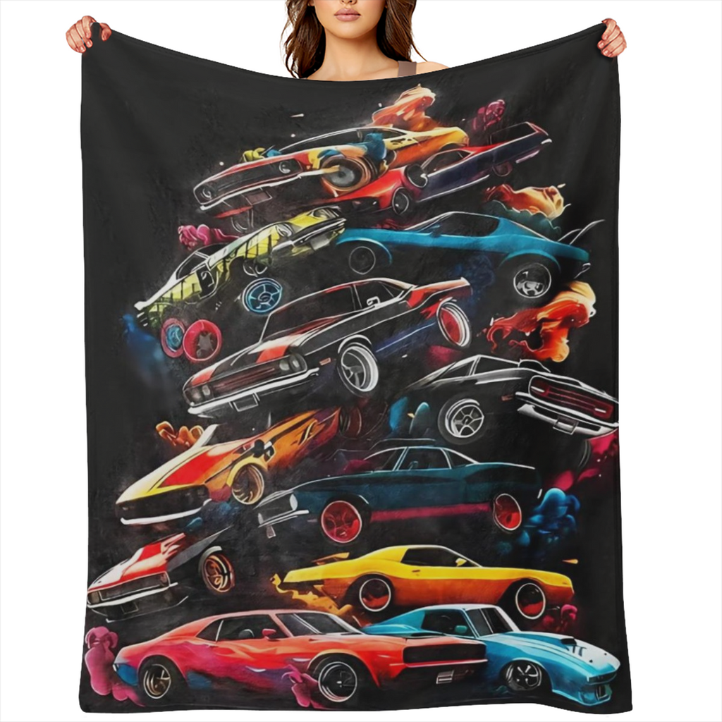 Muscle Cars Flannel Fleece Throw Blanket - Contemporary Cartoon-Style Print Mixed Color Digital Printing Lightweight Warmth for All Seasons Ideal Gift for Boys Teens Adults and Car Enthusiasts