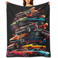 Muscle Cars Flannel Fleece Throw Blanket - Contemporary Cartoon-Style Print Mixed Color Digital Printing Lightweight Warmth for All Seasons Ideal Gift for Boys Teens Adults and Car Enthusiasts