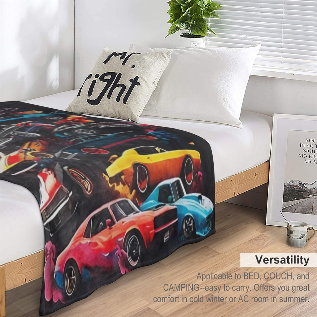 Muscle Cars Flannel Fleece Throw Blanket - Contemporary Cartoon-Style Print Mixed Color Digital Printing Lightweight Warmth for All Seasons Ideal Gift for Boys Teens Adults and Car Enthusiasts