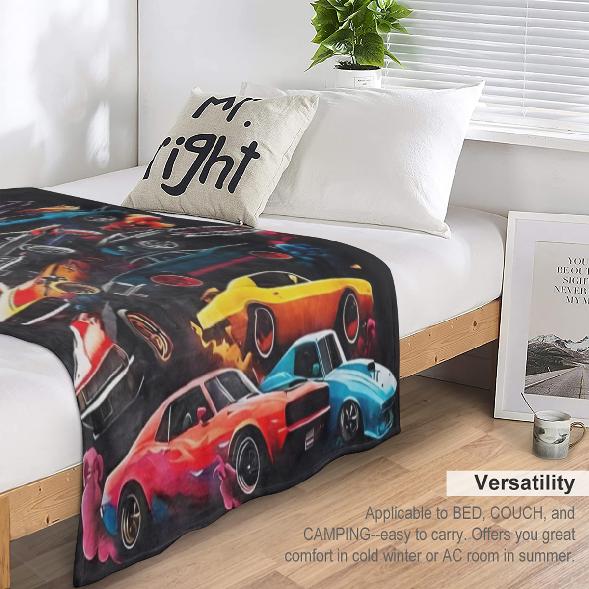 Muscle Cars Flannel Fleece Throw Blanket - Contemporary Cartoon-Style Print Mixed Color Digital Printing Lightweight Warmth for All Seasons Ideal Gift for Boys Teens Adults and Car Enthusiasts