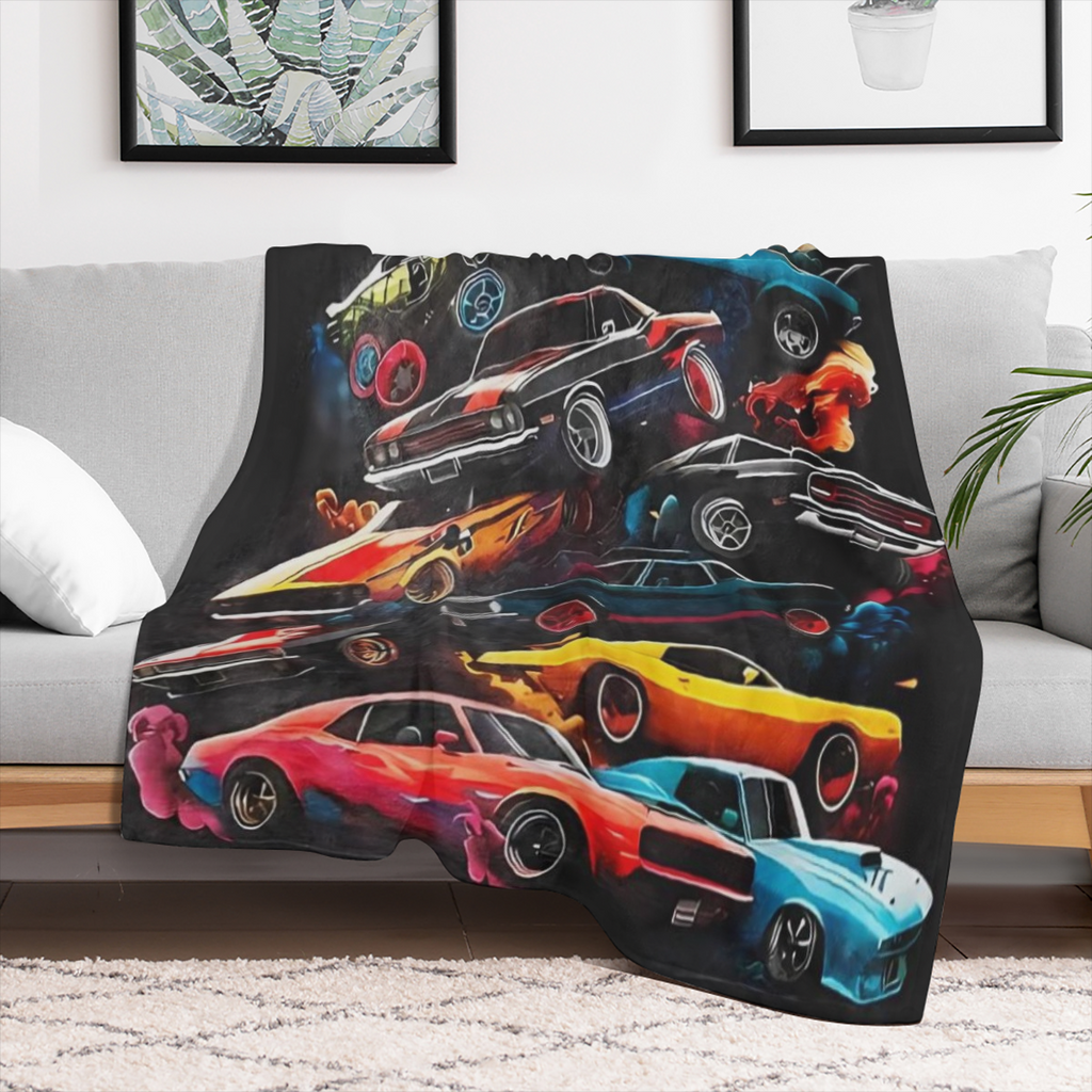 Muscle Cars Flannel Fleece Throw Blanket - Contemporary Cartoon-Style Print Mixed Color Digital Printing Lightweight Warmth for All Seasons Ideal Gift for Boys Teens Adults and Car Enthusiasts