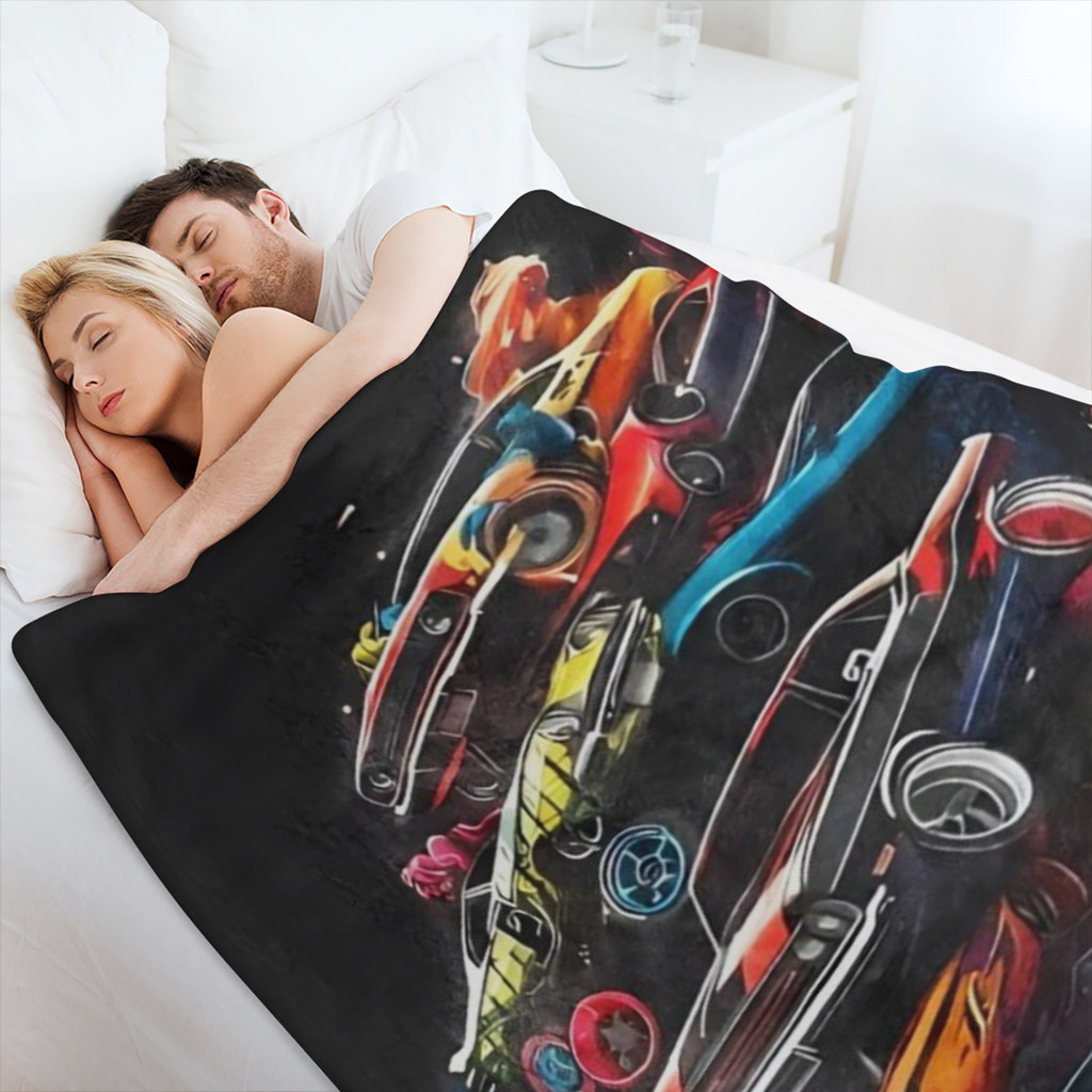 Muscle Cars Flannel Fleece Throw Blanket - Contemporary Cartoon-Style Print Mixed Color Digital Printing Lightweight Warmth for All Seasons Ideal Gift for Boys Teens Adults and Car Enthusiasts