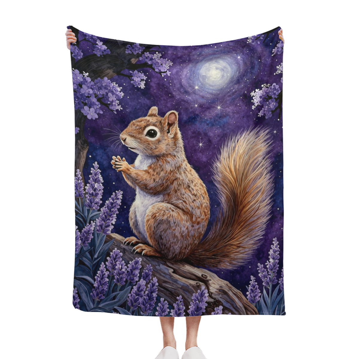 1pc Lavender Squirrel Print Flannel Throw Blanket - Soft Warm Suitable for Couch, Bed, Travel & Camping | Lightweight Cozy Bedspread with Lavender & Squirrel, -Season Bedding for,,, Decor