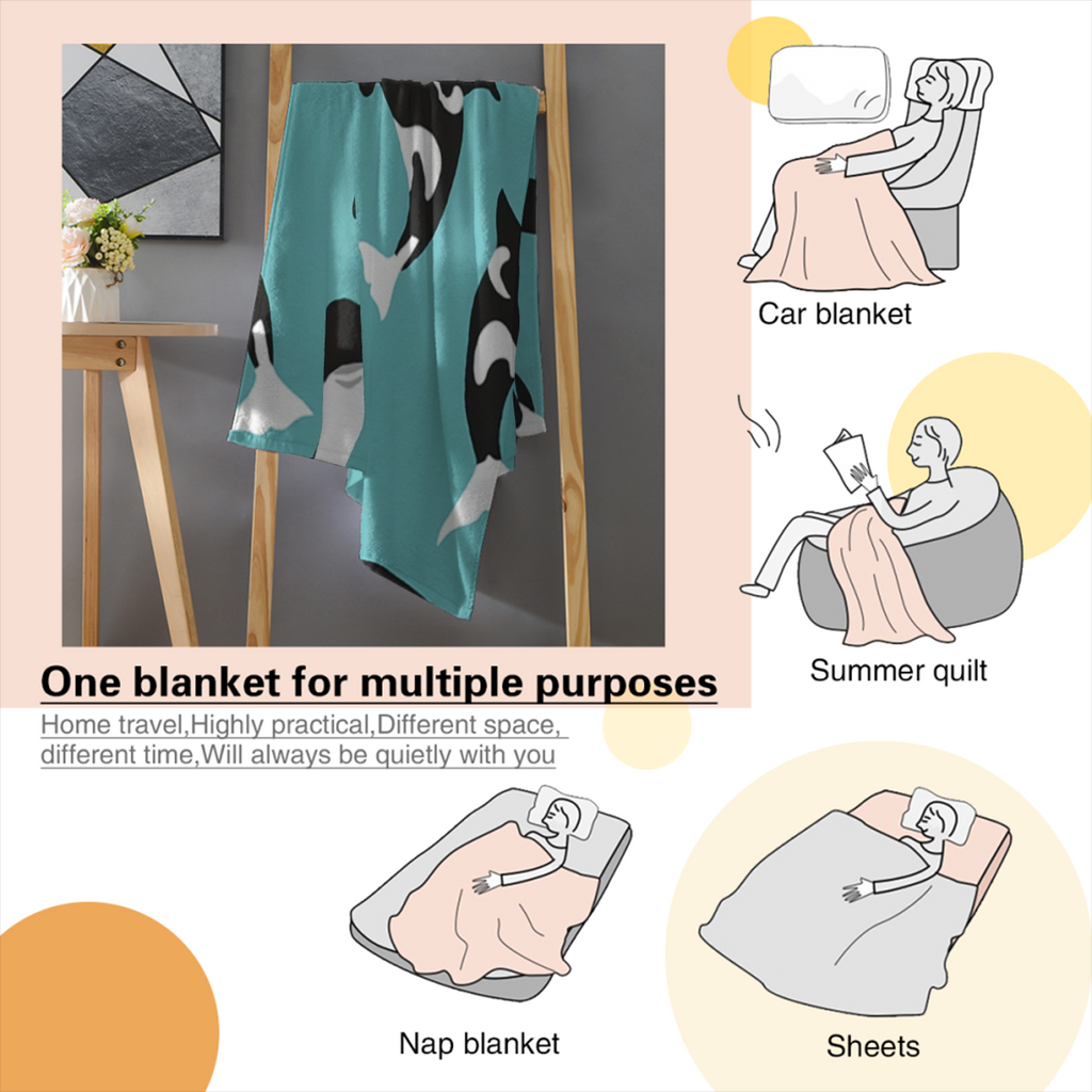 Soft & Warm Cozy Killer Whale Orca Flannel Throw Blanket - Versatile for Sofa, Bed, Travel, Camping & More