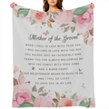 Mother of the Groom Wedding Gift Throw Blanket 60" x 50", Cozy Flannel Blanket with "Mother of the Groom" Print, Elegant Floral Pattern in Soft Pink & Green, 280GSM Polyester, All-Season Comfort, Perf
