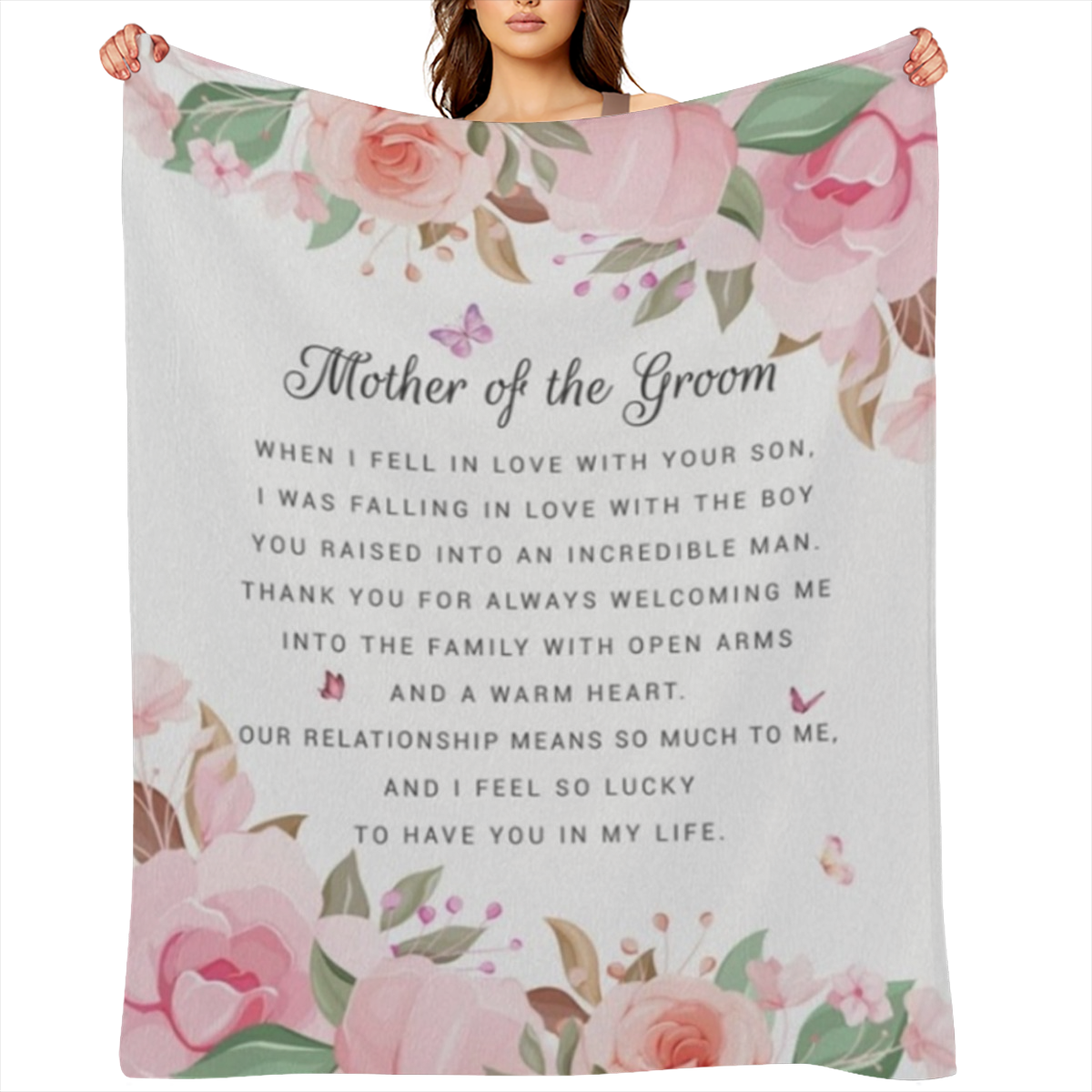Mother of the Groom Wedding Gift Throw Blanket 60" x 50", Cozy Flannel Blanket with "Mother of the Groom" Print, Elegant Floral Pattern in Soft Pink & Green, 280GSM Polyester, All-Season Comfort, Perf