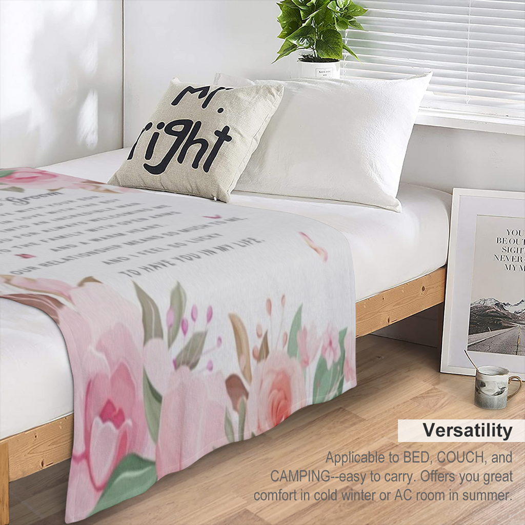 Mother of the Groom Wedding Gift Throw Blanket 60" x 50", Cozy Flannel Blanket with "Mother of the Groom" Print, Elegant Floral Pattern in Soft Pink & Green, 280GSM Polyester, All-Season Comfort, Perf