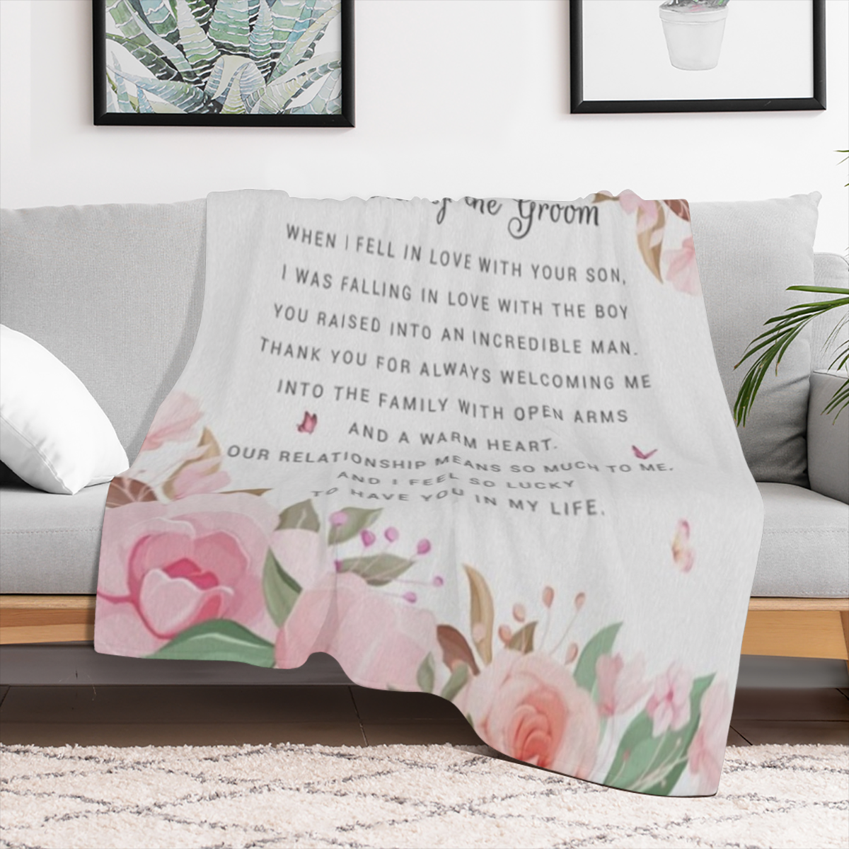 Mother of the Groom Wedding Gift Throw Blanket 60" x 50", Cozy Flannel Blanket with "Mother of the Groom" Print, Elegant Floral Pattern in Soft Pink & Green, 280GSM Polyester, All-Season Comfort, Perf