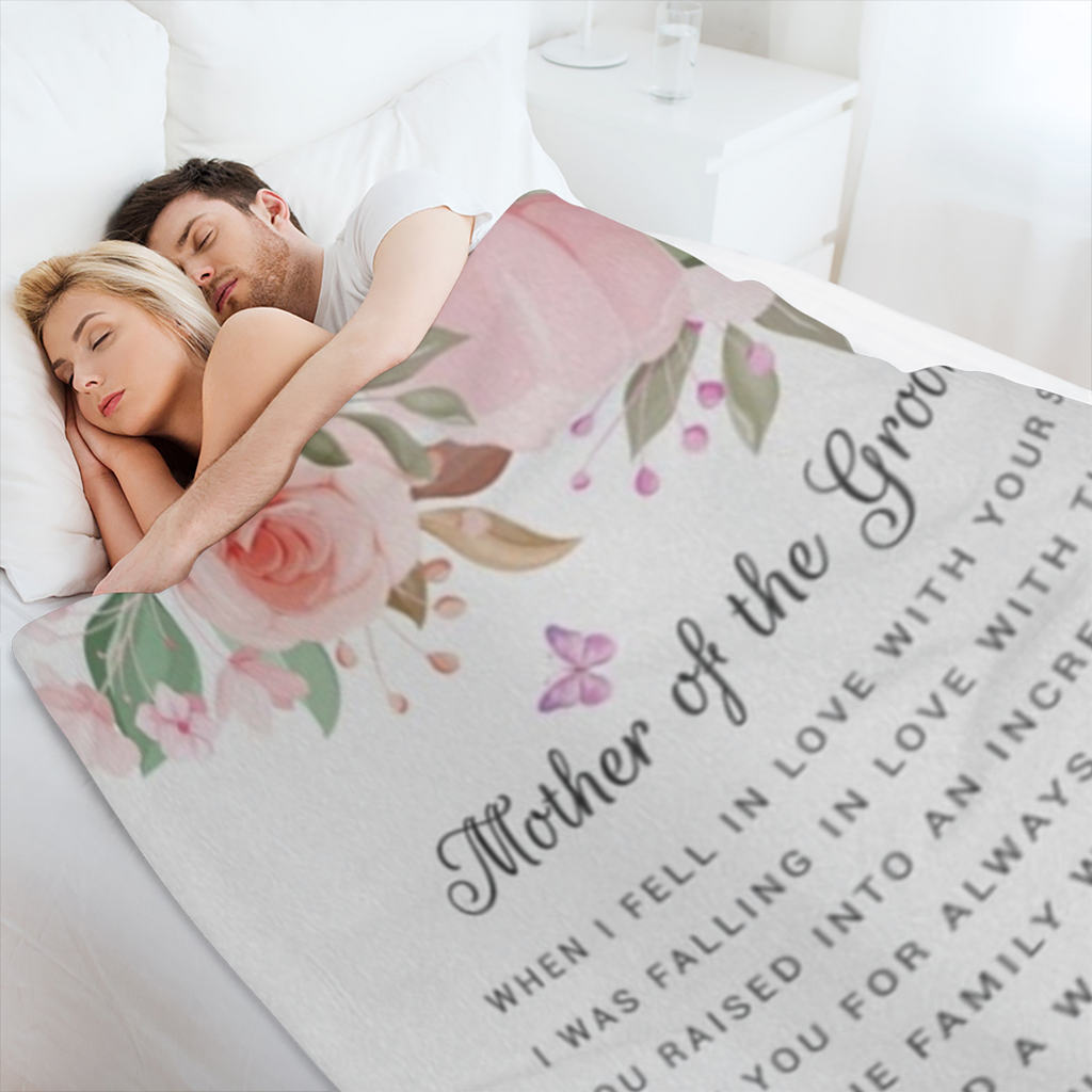 Mother of the Groom Wedding Gift Throw Blanket 60" x 50", Cozy Flannel Blanket with "Mother of the Groom" Print, Elegant Floral Pattern in Soft Pink & Green, 280GSM Polyester, All-Season Comfort, Perf