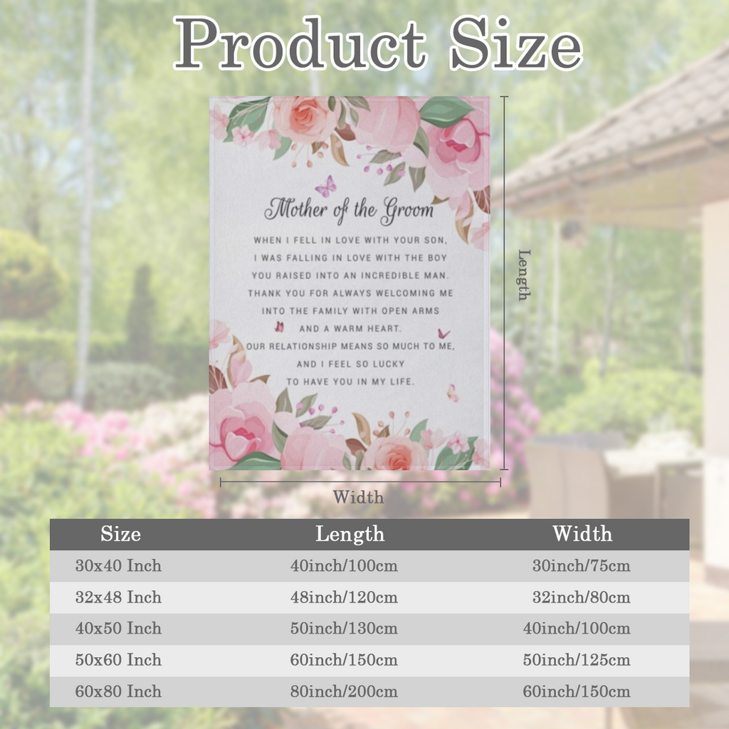 Mother of the Groom Wedding Gift Throw Blanket 60" x 50", Cozy Flannel Blanket with "Mother of the Groom" Print, Elegant Floral Pattern in Soft Pink & Green, 280GSM Polyester, All-Season Comfort, Perf