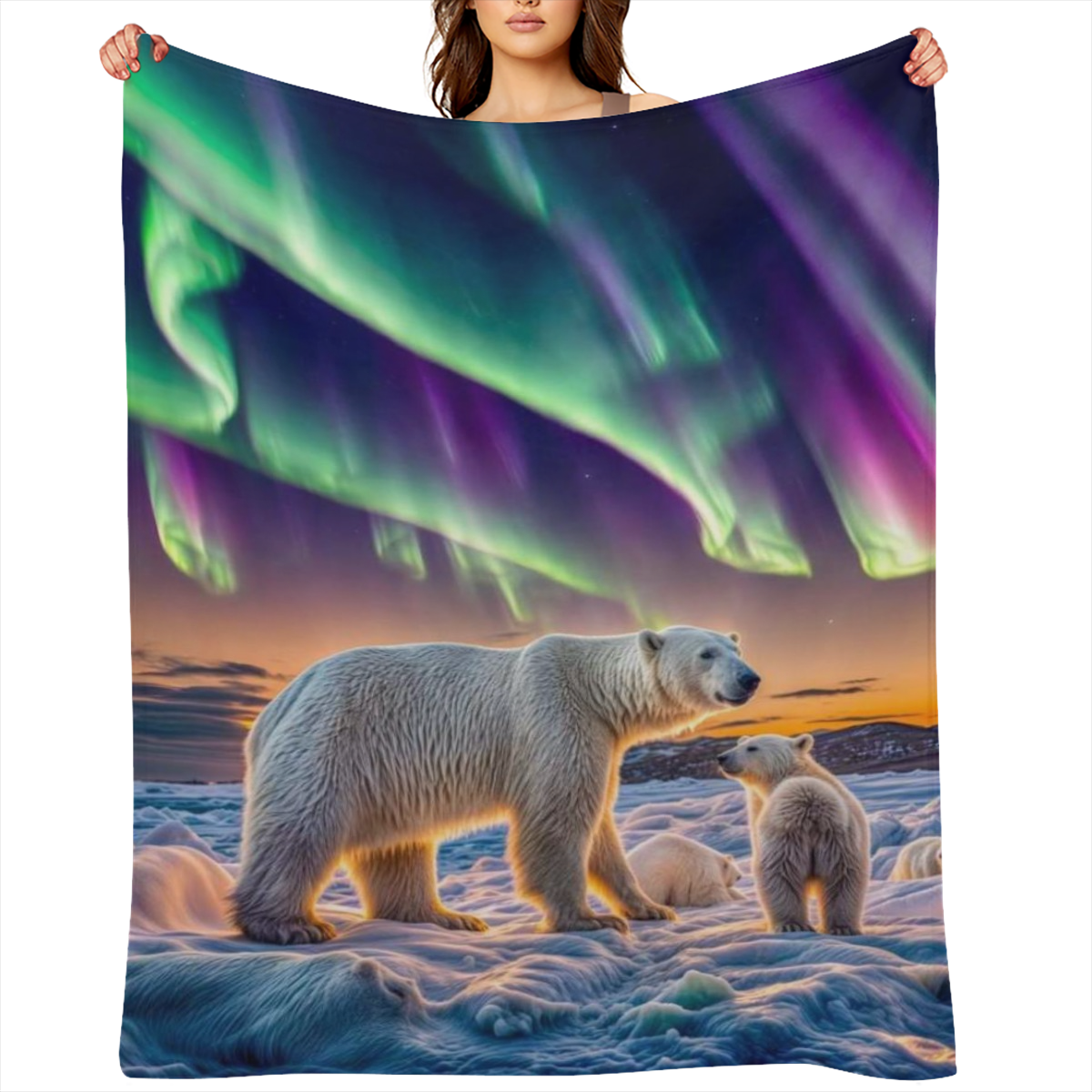 Aurora Over Polar Bears B6451400 Flannel Fleece Throw Blanket - Soft, Breathable & Absorbent Digital Print Contemporary Style for Living Room, Bedroom, Camping & Travel
