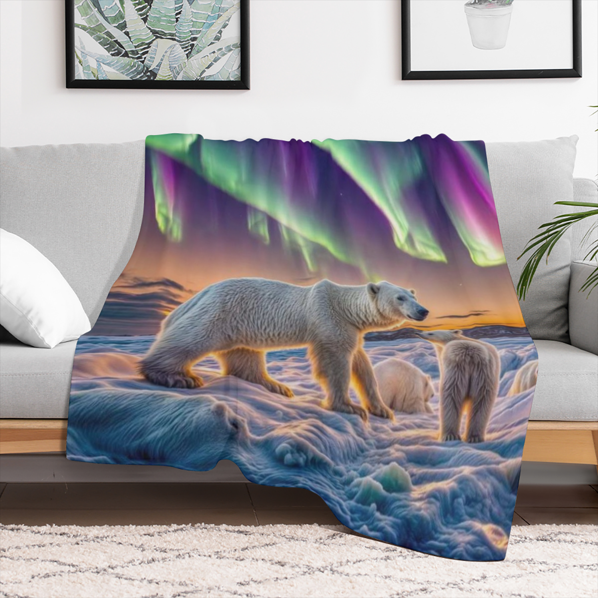 Aurora Over Polar Bears B6451400 Flannel Fleece Throw Blanket - Soft, Breathable & Absorbent Digital Print Contemporary Style for Living Room, Bedroom, Camping & Travel