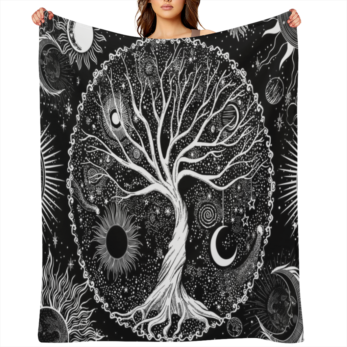 1pc Cozy Tree of Life Printed Flannel Blanket - Soft Warm Throw Blanket for Couch Sofa Office Bed Camping Travelling - Multi- Purpose Holiday Gift with Black and White Design for Ultimate Comfort and