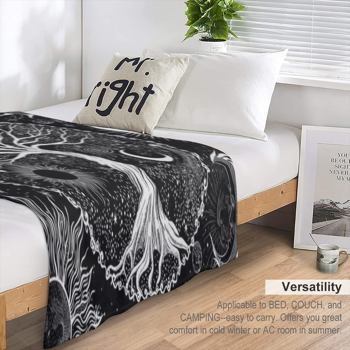 1pc Cozy Tree of Life Printed Flannel Blanket - Soft Warm Throw Blanket for Couch Sofa Office Bed Camping Travelling - Multi- Purpose Holiday Gift with Black and White Design for Ultimate Comfort and