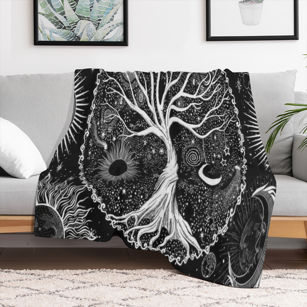 1pc Cozy Tree of Life Printed Flannel Blanket - Soft Warm Throw Blanket for Couch Sofa Office Bed Camping Travelling - Multi- Purpose Holiday Gift with Black and White Design for Ultimate Comfort and