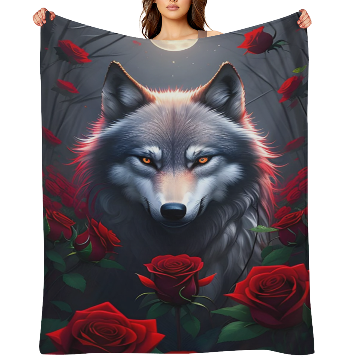 1pc Bohemian Style Wolf Roses Print Flannel Blanket - All-Season Hypoallergenic Versatile Digital Print Fleece Throw for Sofa Bed Travel Camping - Soft Warm Knitted Polyester Fabric Ideal Gift