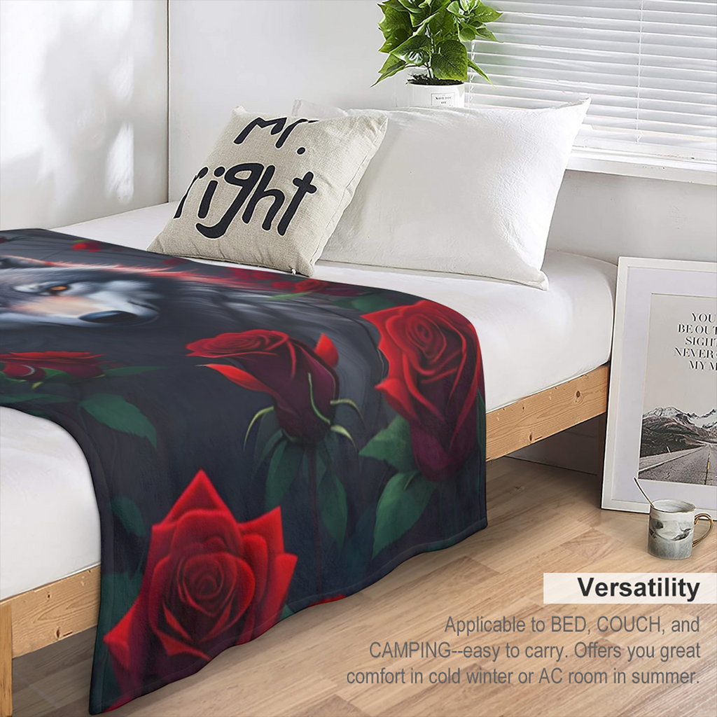 1pc Bohemian Style Wolf Roses Print Flannel Blanket - All-Season Hypoallergenic Versatile Digital Print Fleece Throw for Sofa Bed Travel Camping - Soft Warm Knitted Polyester Fabric Ideal Gift